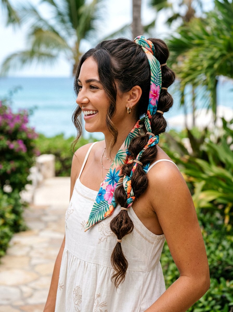 Bubble Braid With Tropical Scarf - 20 vacation hairstyle with tropical scarf - 20 vacation hairstyle with tropical scarf