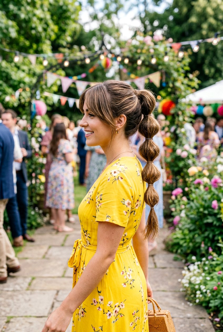 Bubble Braided Ponytail With Long Bangs - 20 wedding guest hairstyle for women with bangs - 20 wedding guest hairstyle for women with bangs