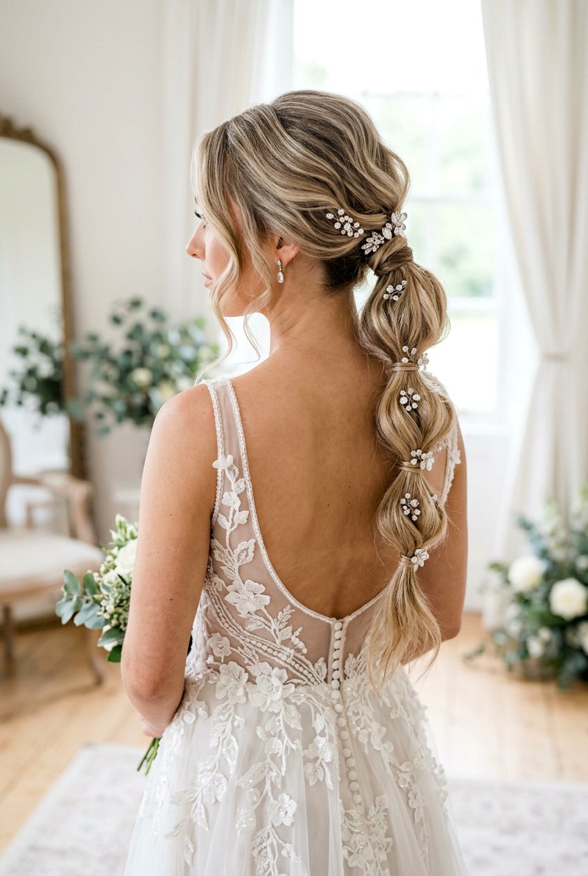 Bubble Bridal Ponytail With Crystal Pins - 20 bridal ponytail with crystal pins - 20 bridal ponytail with crystal pins