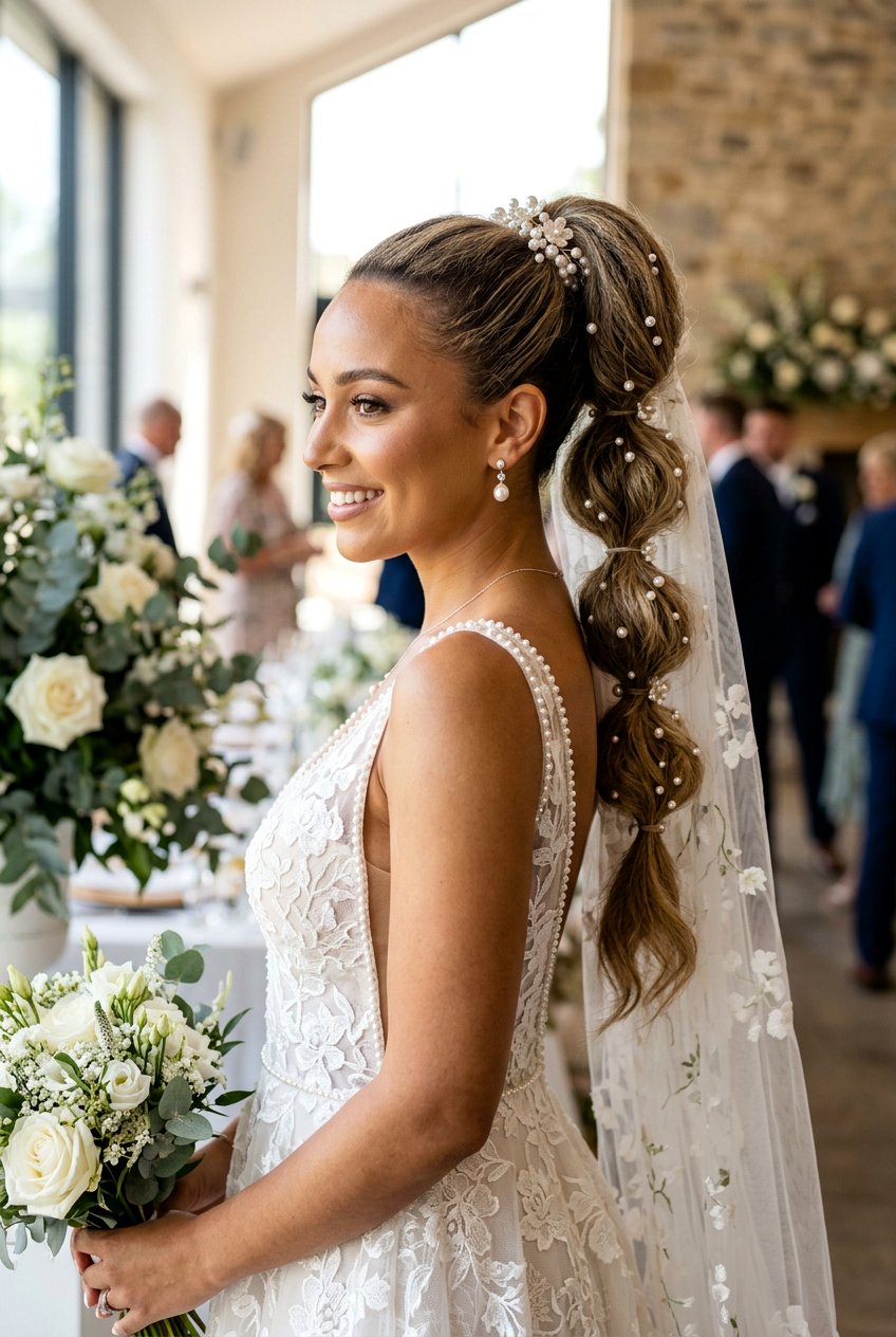 Bubble Bridal Ponytail - 20 bridal ponytail with pearl pins - 20 bridal ponytail with pearl pins