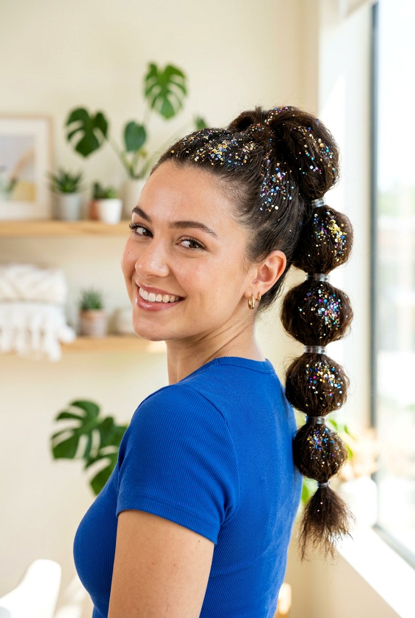 Bubble Glitter Ponytail - 20 birthday hairstyle with glitter ponytail - 20 birthday hairstyle with glitter ponytail