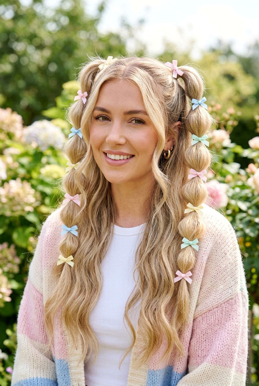 Bubble Pigtails With Mini Bows - 20 coquette hairstyle with ribbon bow - 20 coquette hairstyle with ribbon bow
