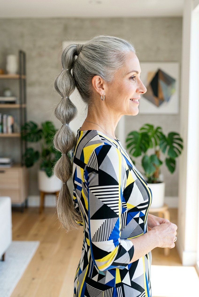 Bubble Ponytail - 20 wedding guest hairstyle for naturally gray hair - 20 wedding guest hairstyle for naturally gray hair
