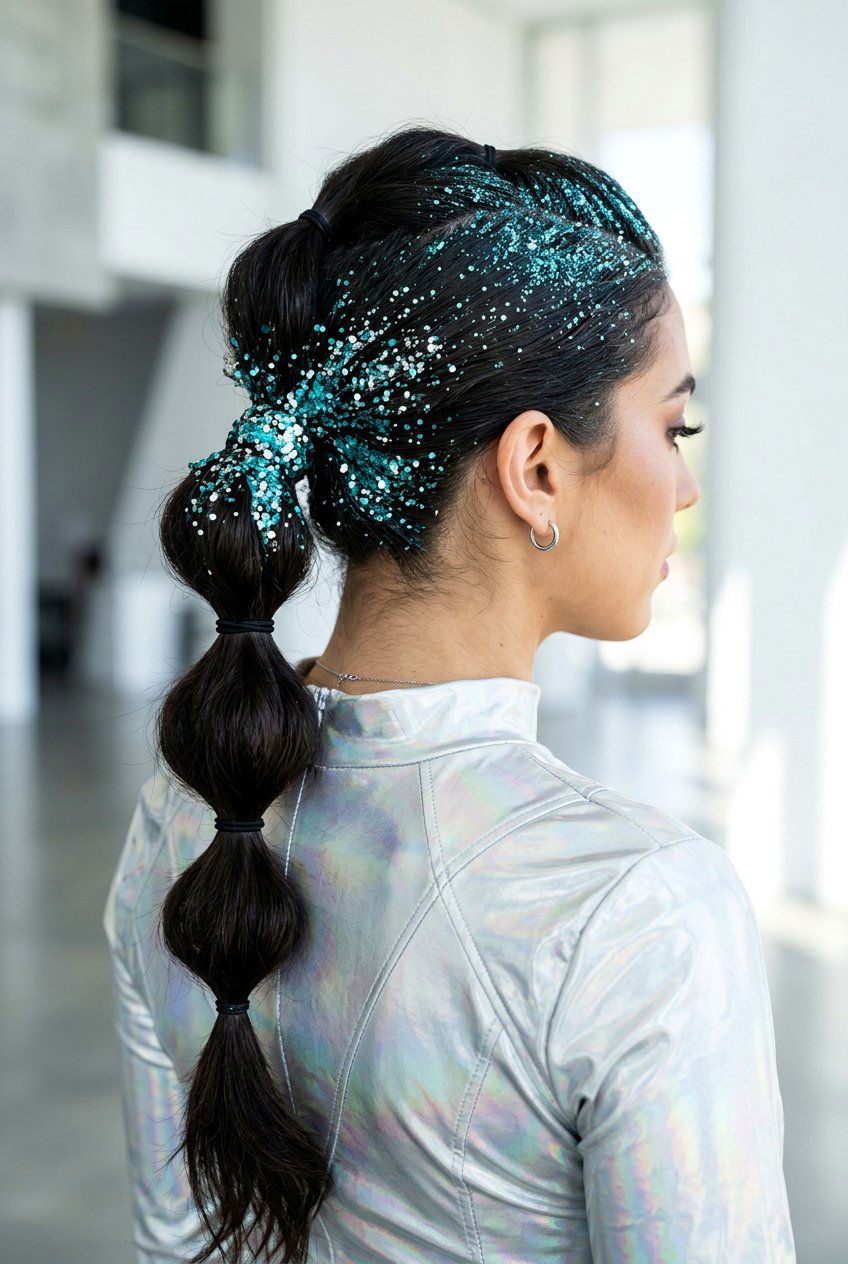 Bubble Ponytail - 20 glitter roots hairstyle ideas - 20 glitter roots hairstyle ideas