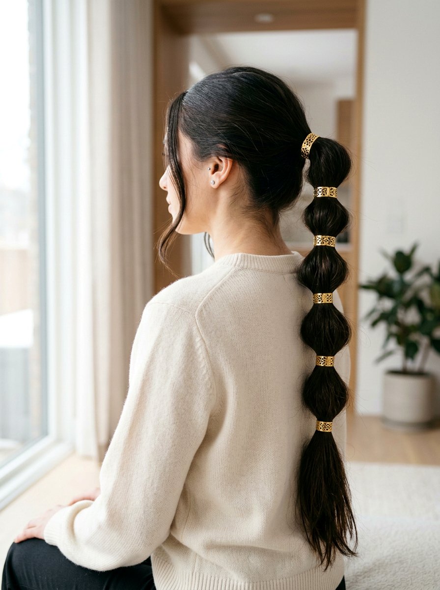 Bubble Ponytail With Gold Cuffs - 20 light academia ponytail hairstyle - 20 light academia ponytail hairstyle