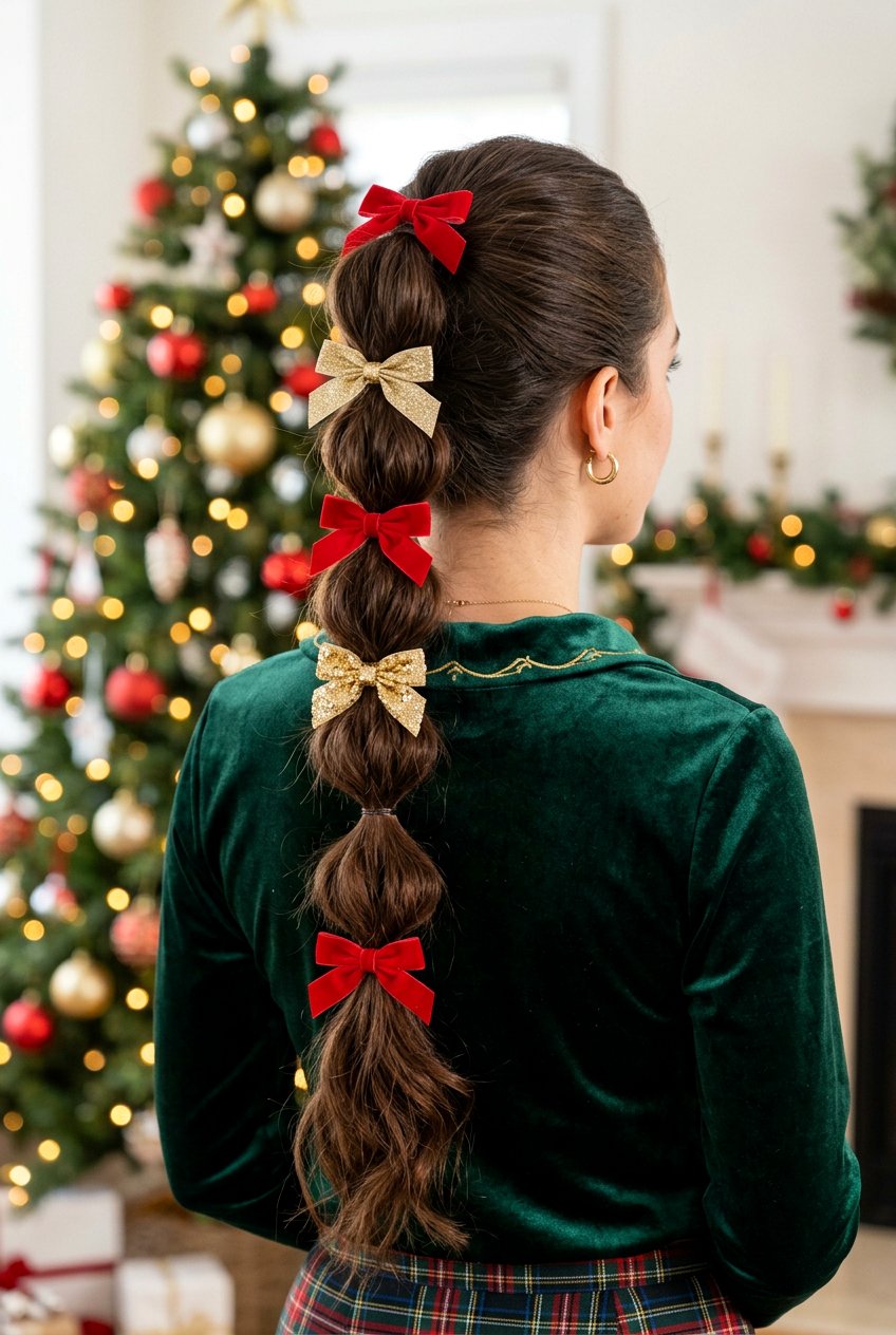 Bubble Ponytail With Red And Gold Bows - 20 christmas bow ponytail - 20 christmas bow ponytail