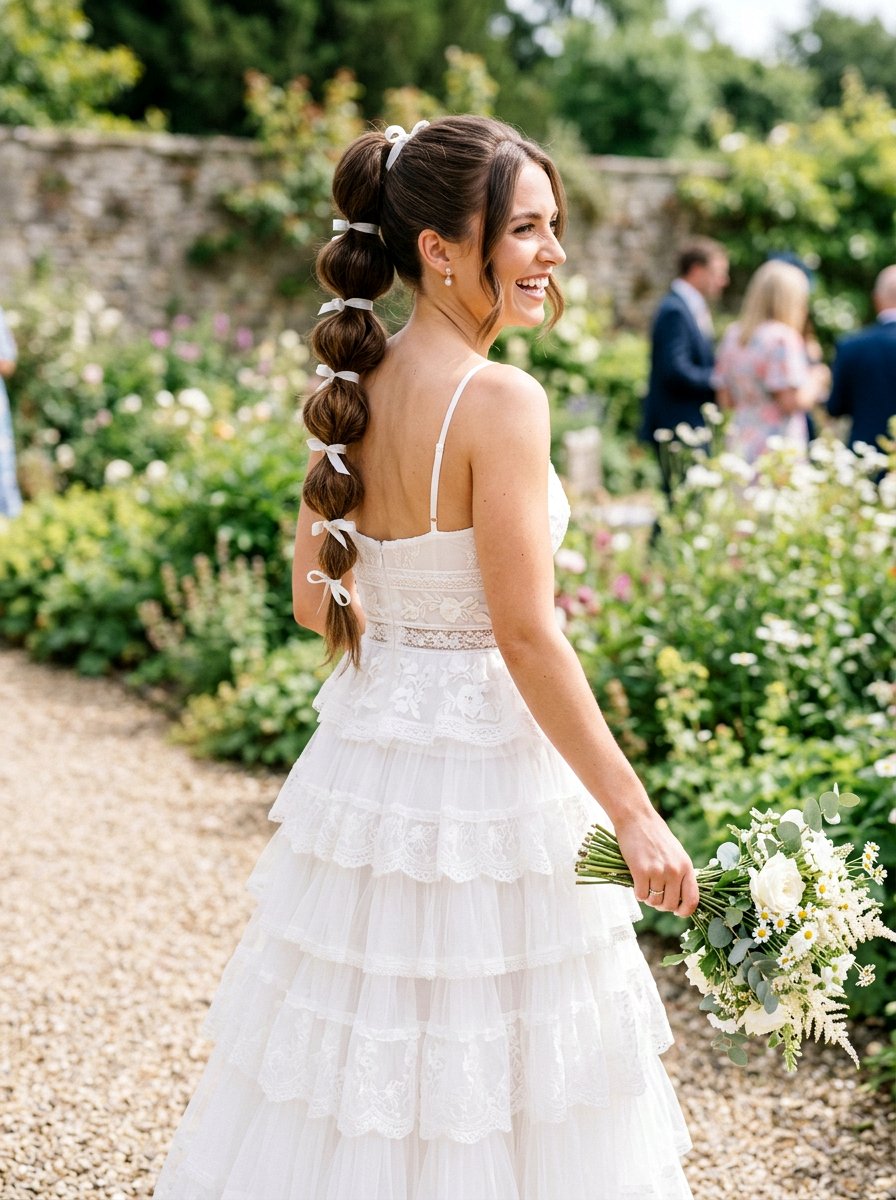 Bubble Ponytail With Ribbons - 20 wedding hairstyles for elopement - 20 wedding hairstyles for elopement