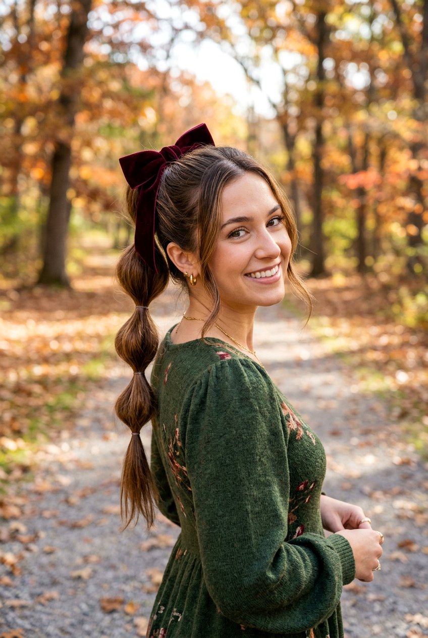Bubble Ponytail With Velvet Bow - 20 birthday hairstyle with bow ponytail - 20 birthday hairstyle with bow ponytail