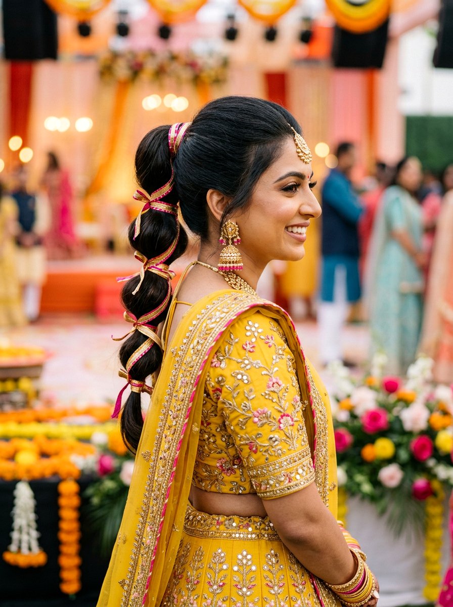 Bubble Ponytail with Ribbon Accents - 20 sangeet ponytail hairstyle - 20 sangeet ponytail hairstyle
