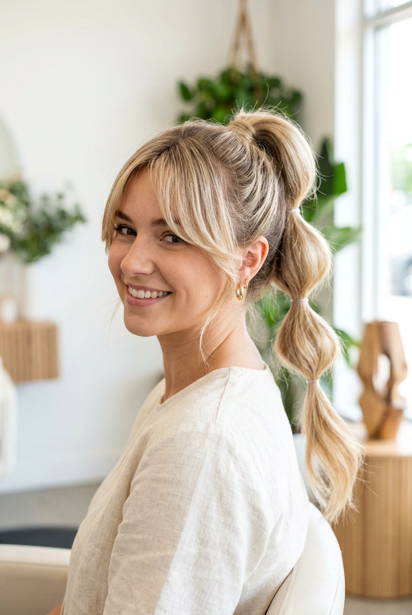 Bubble ponytail with curtain bangs - 20 bubble ponytail hairstyles - 20 bubble ponytail hairstyles