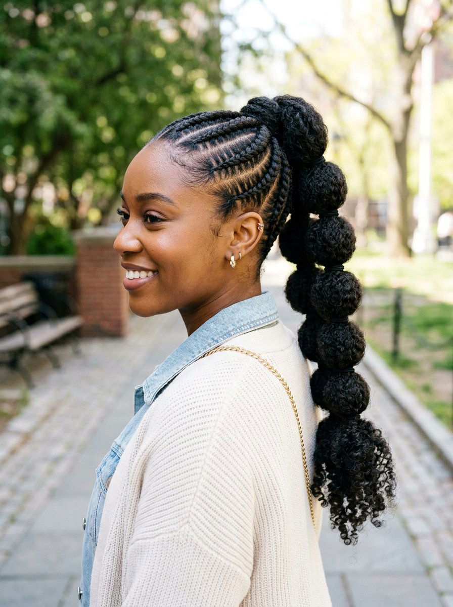 Bubble ponytail with stitch braids - 20 stitch braids into ponytail - 20 stitch braids into ponytail