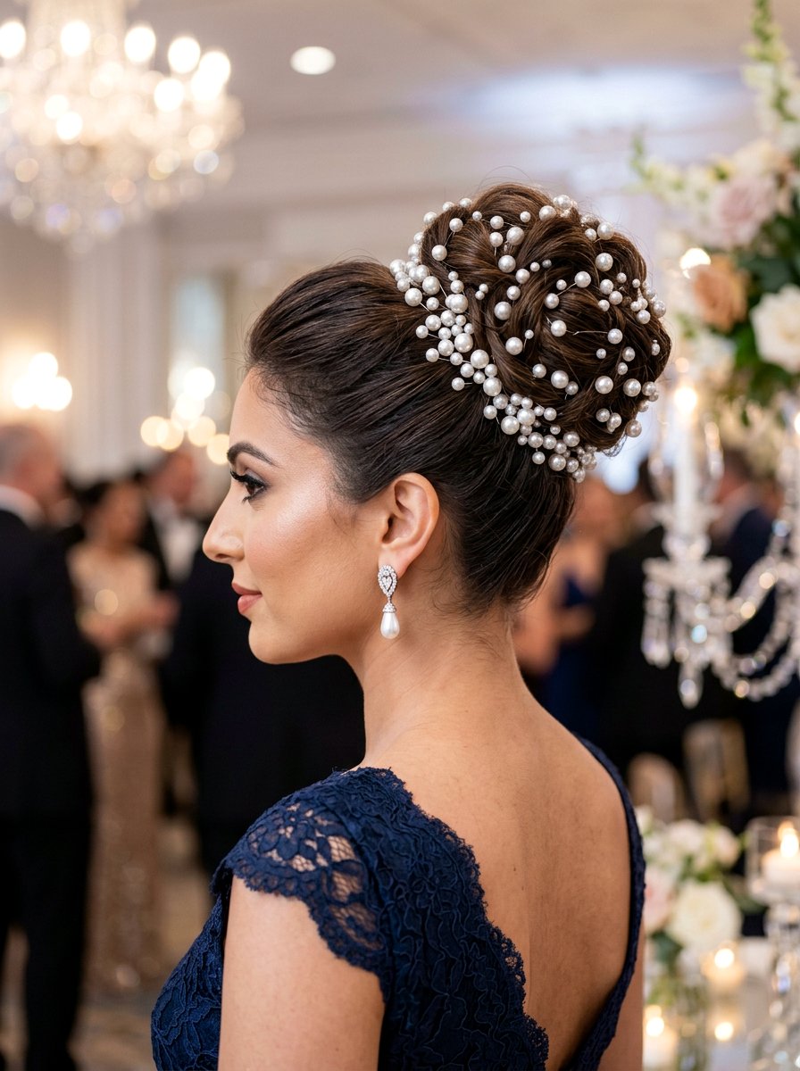 Bun With All Over Pearl Pins - 20 pearl embellished bun hairstyle - 20 pearl embellished bun hairstyle