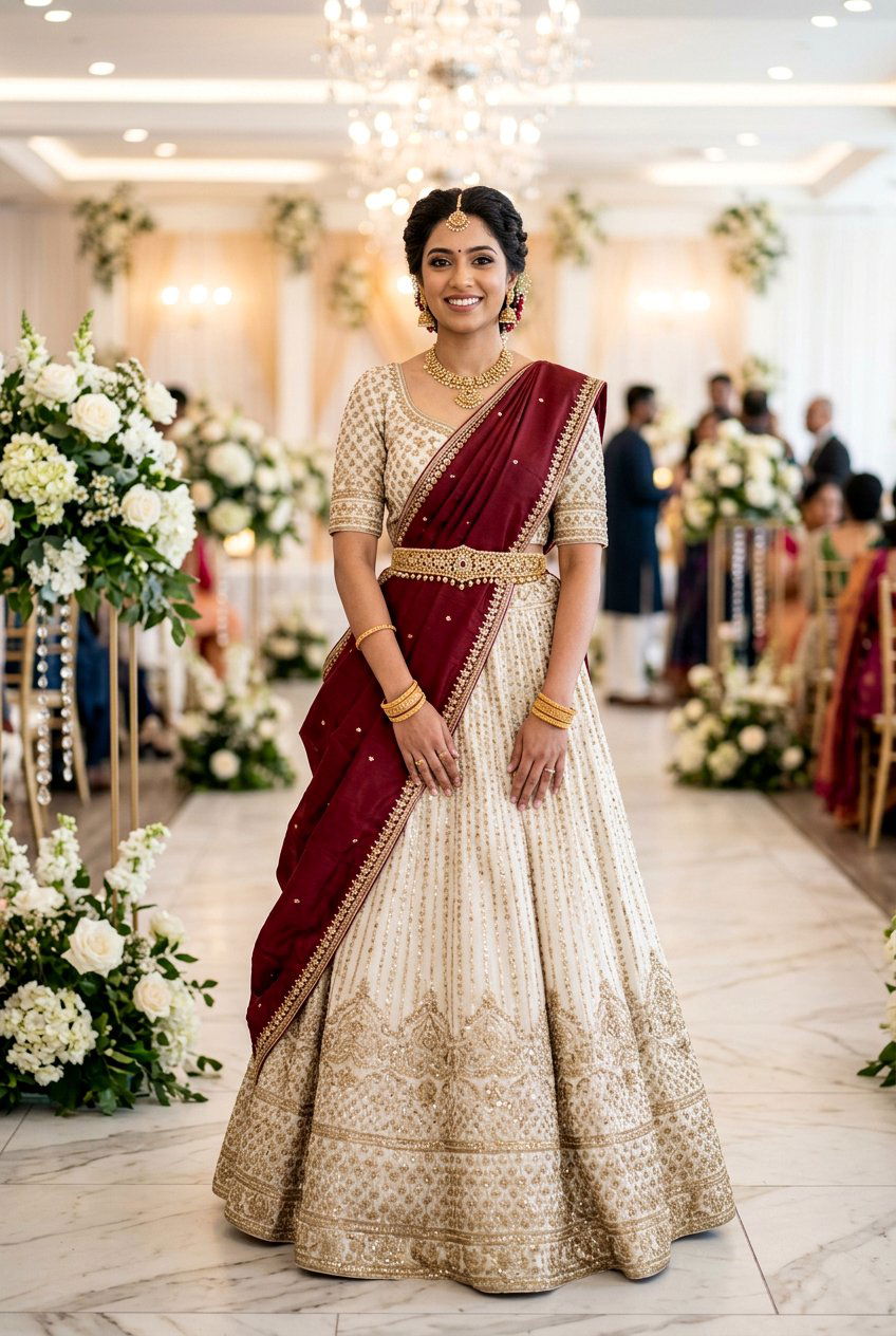 Bun With Belted Dupatta Over Shoulders - 20 bridal hairstyles with dupatta - 20 bridal hairstyles with dupatta