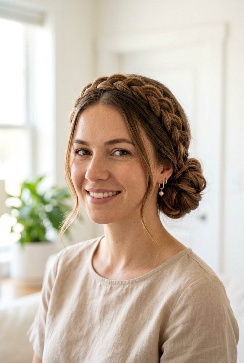 Bun With Braided Headband - 20 reception hairstyles for bride - 20 reception hairstyles for bride