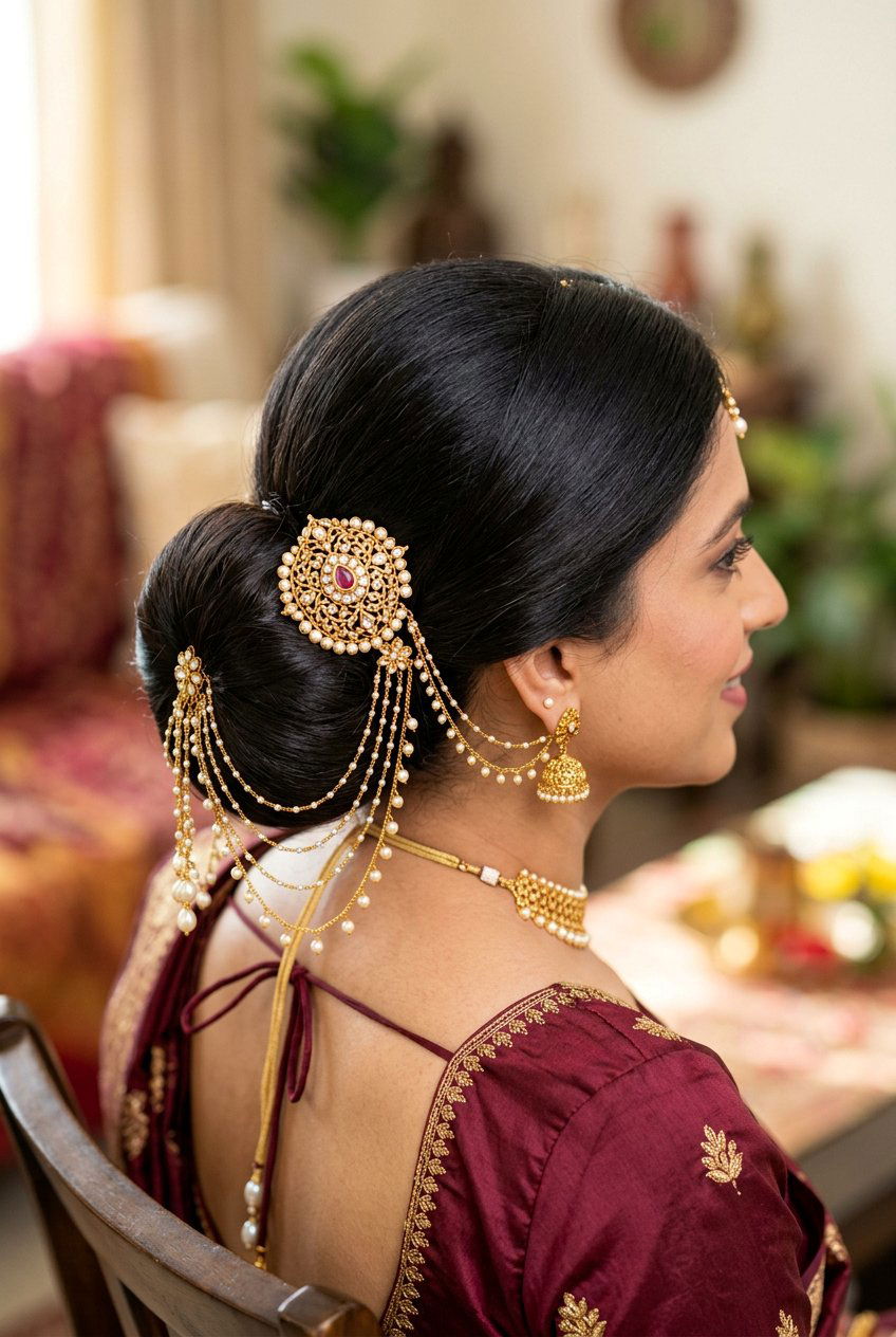 Bun With Juda Pin And Hair Chains - 20 desi bridal bun hairstyle - 20 desi bridal bun hairstyle