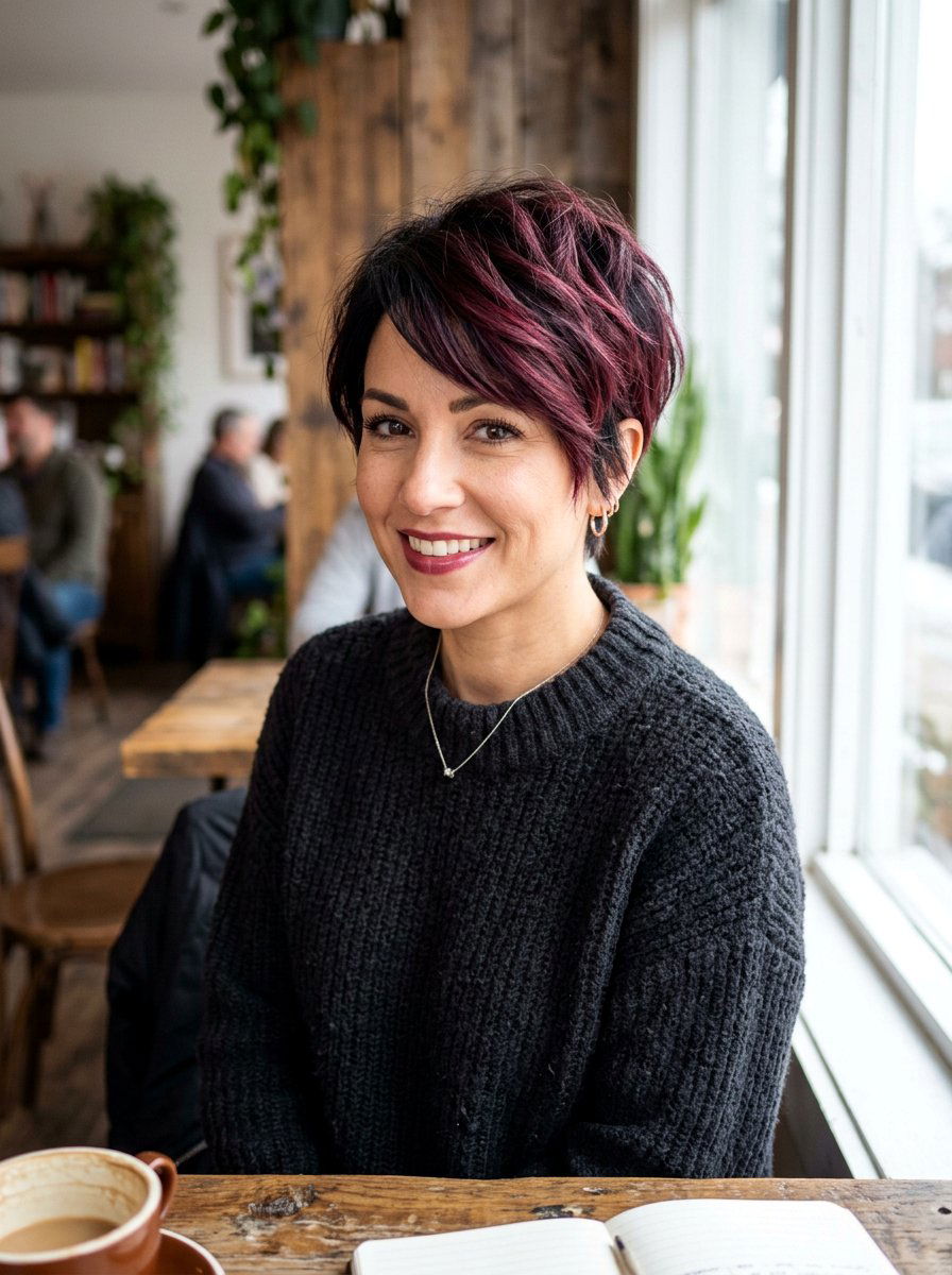 Burgundy And Black Pixie - 20 dimensional pixie hair color ideas - 20 dimensional pixie hair color ideas