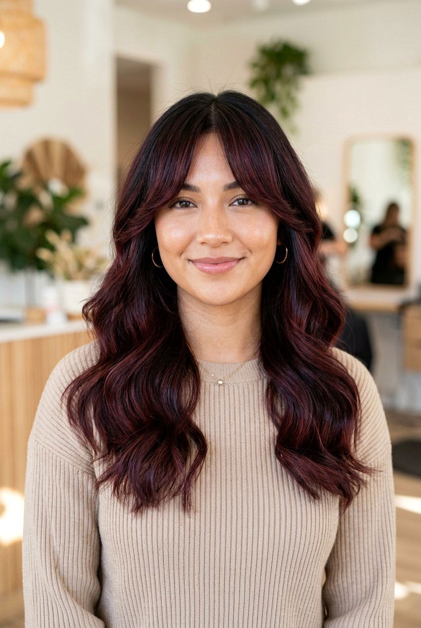 Burgundy Balayage With Bangs - 20 burgundy balayage on dark hair - 20 burgundy balayage on dark hair