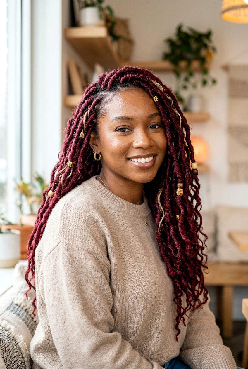 Burgundy Boho Faux Locs - 20 boho faux loc hairstyles - 20 boho faux loc hairstyles