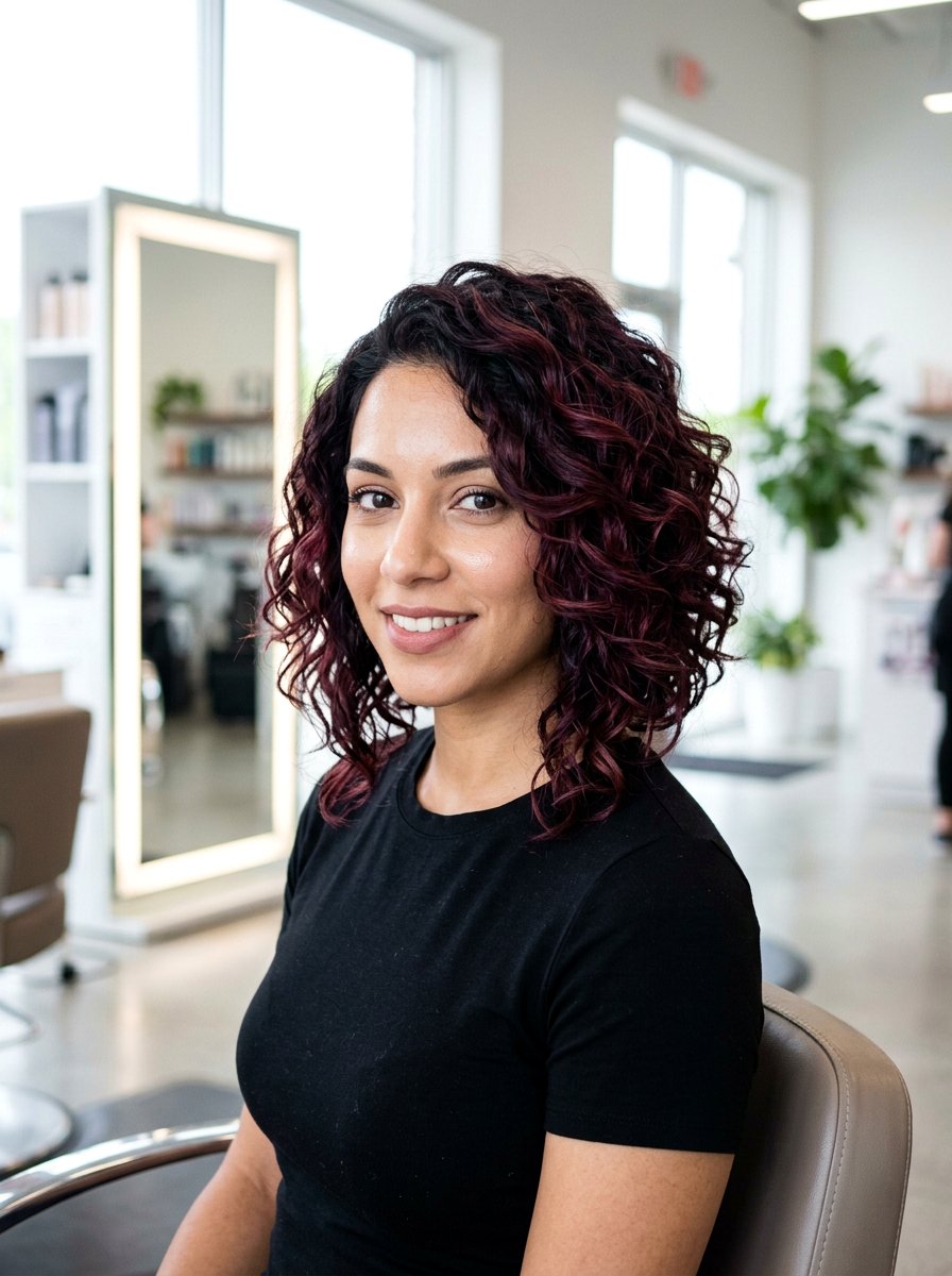 Burgundy Dimensional Balayage A Line Curly Bob - 20 dimensional balayage for curly bob - 20 dimensional balayage for curly bob