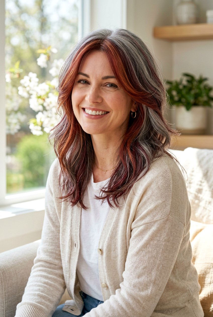 Burgundy Gray Blend Face Framing Layers - 20 burgundy gray blend for mature women - 20 burgundy gray blend for mature women