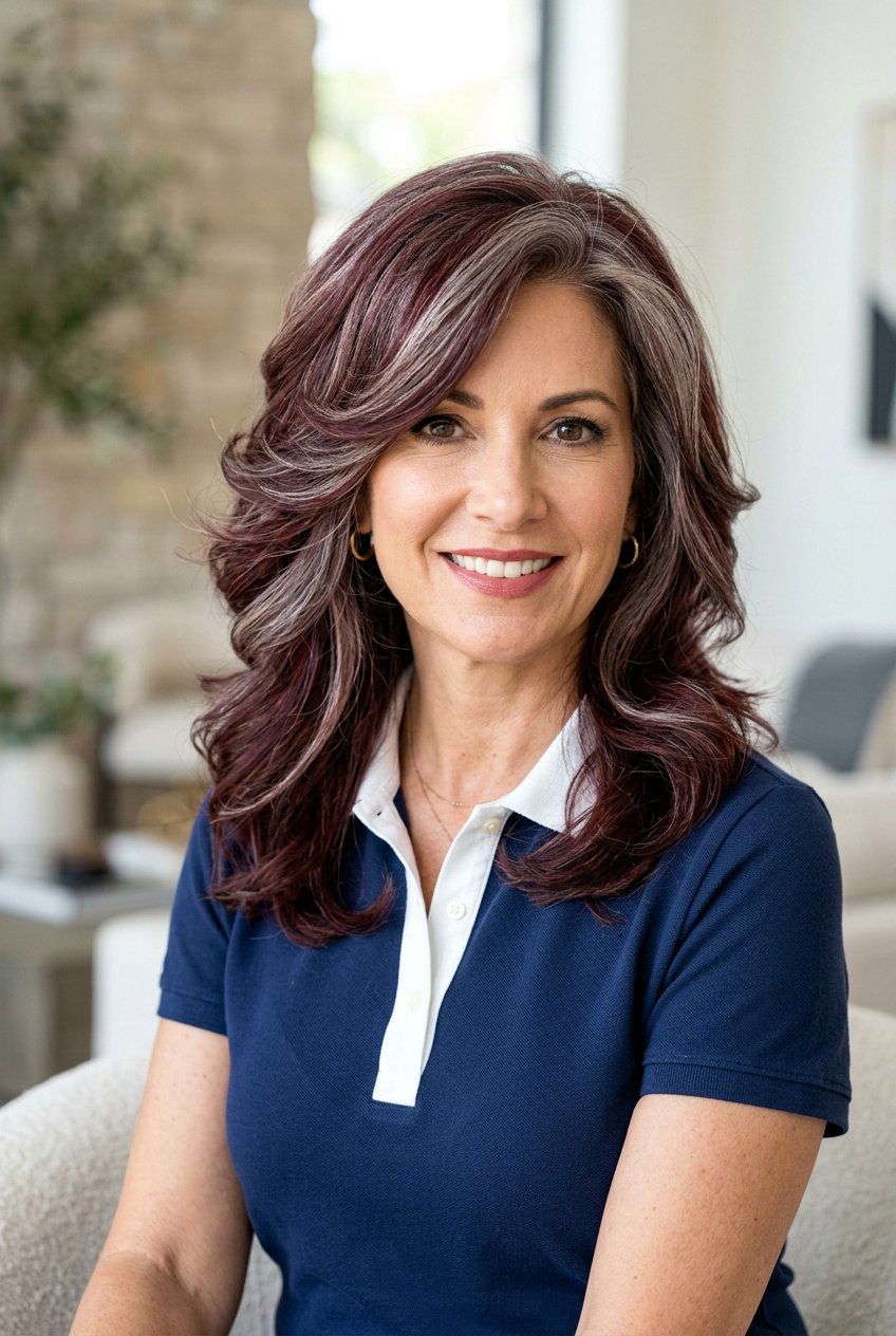 Burgundy Gray Blend Feathered Hair - 20 burgundy gray blend for mature women - 20 burgundy gray blend for mature women