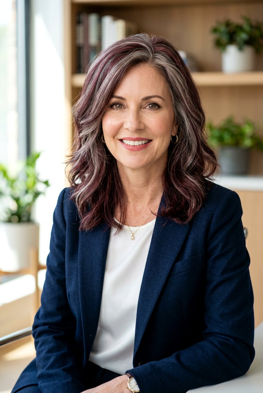 Burgundy Gray Blend Layered Lob - 20 burgundy gray blend for mature women - 20 burgundy gray blend for mature women