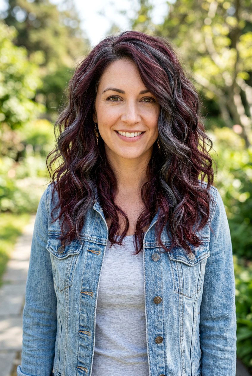 Burgundy Gray Blend Wavy Shoulder Length Hair - 20 burgundy gray blend for mature women - 20 burgundy gray blend for mature women