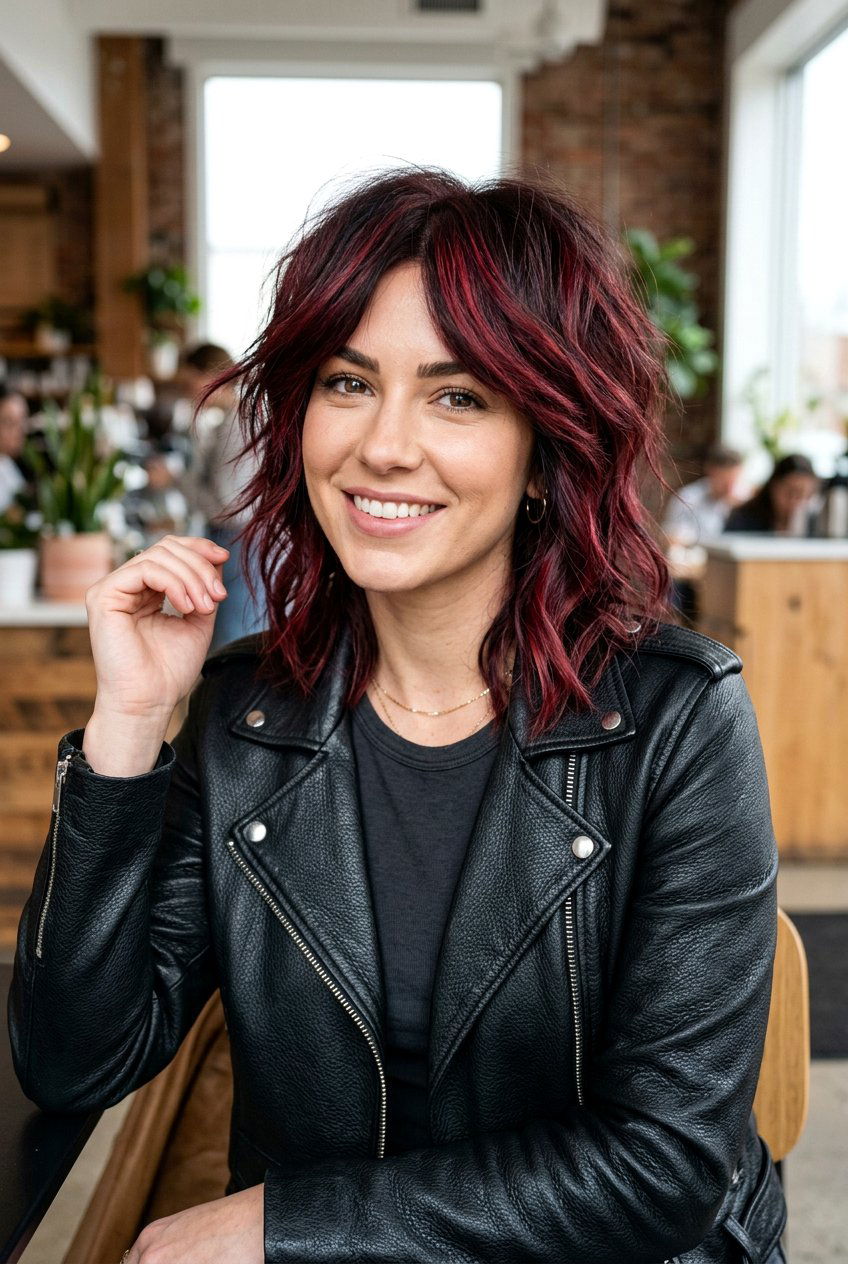 Burgundy Highlights With Choppy Layers - 20 burgundy highlights for mature women - 20 burgundy highlights for mature women