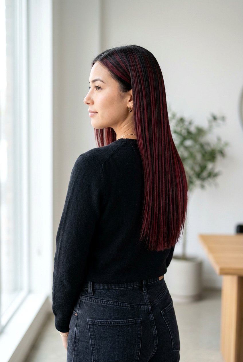 Burgundy Highlights on Long Straight Dark Hair - 20 dark hair with burgundy highlights - 20 dark hair with burgundy highlights