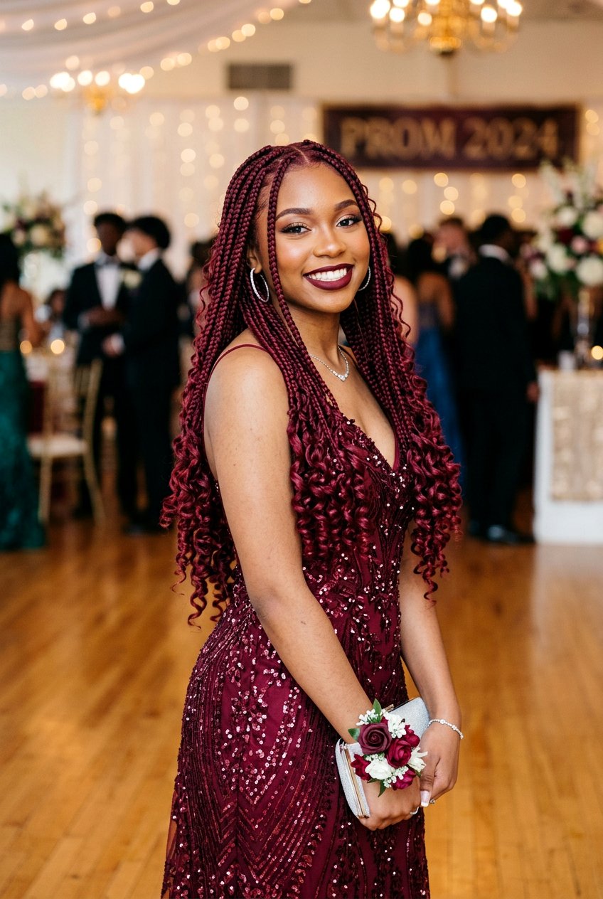 Burgundy Knotless Braids with Curls - 20 prom knotless braids with curls - 20 prom knotless braids with curls