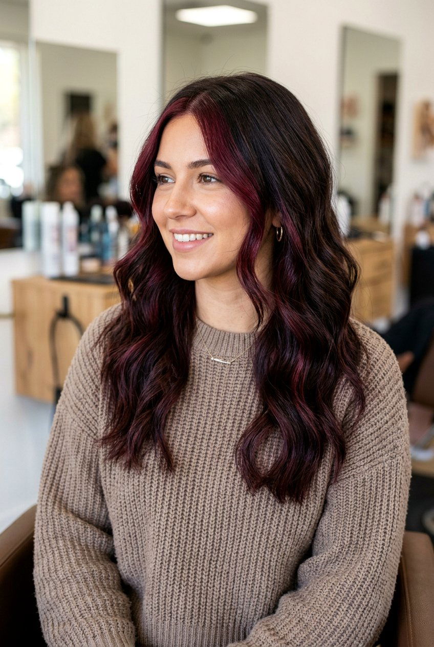 Burgundy Money Piece Balayage on Dark Hair - 20 burgundy money piece on dark hair - 20 burgundy money piece on dark hair