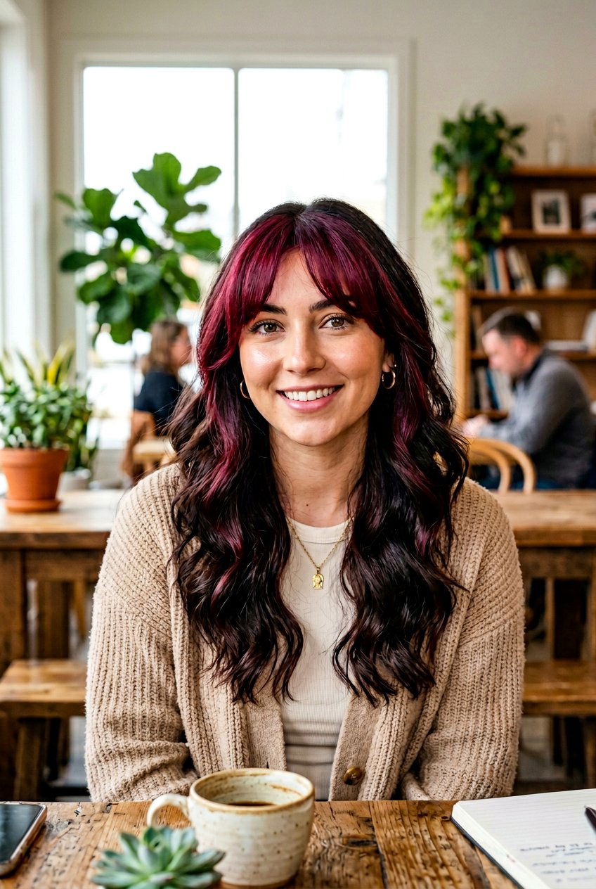 Burgundy Money Piece With Curtain Bangs on Dark Hair - 20 burgundy money piece on dark hair - 20 burgundy money piece on dark hair