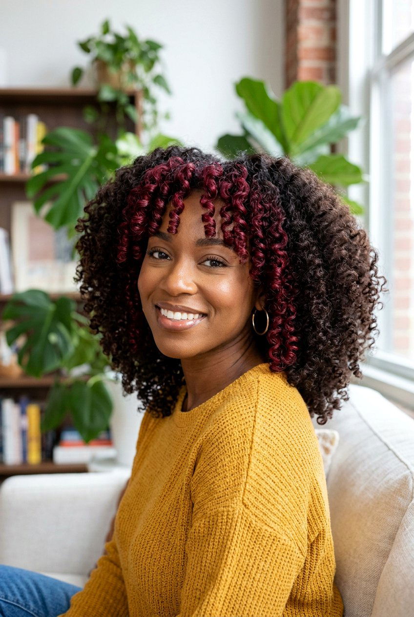 Burgundy Money Piece on Curly Dark Hair - 20 burgundy money piece on dark hair - 20 burgundy money piece on dark hair