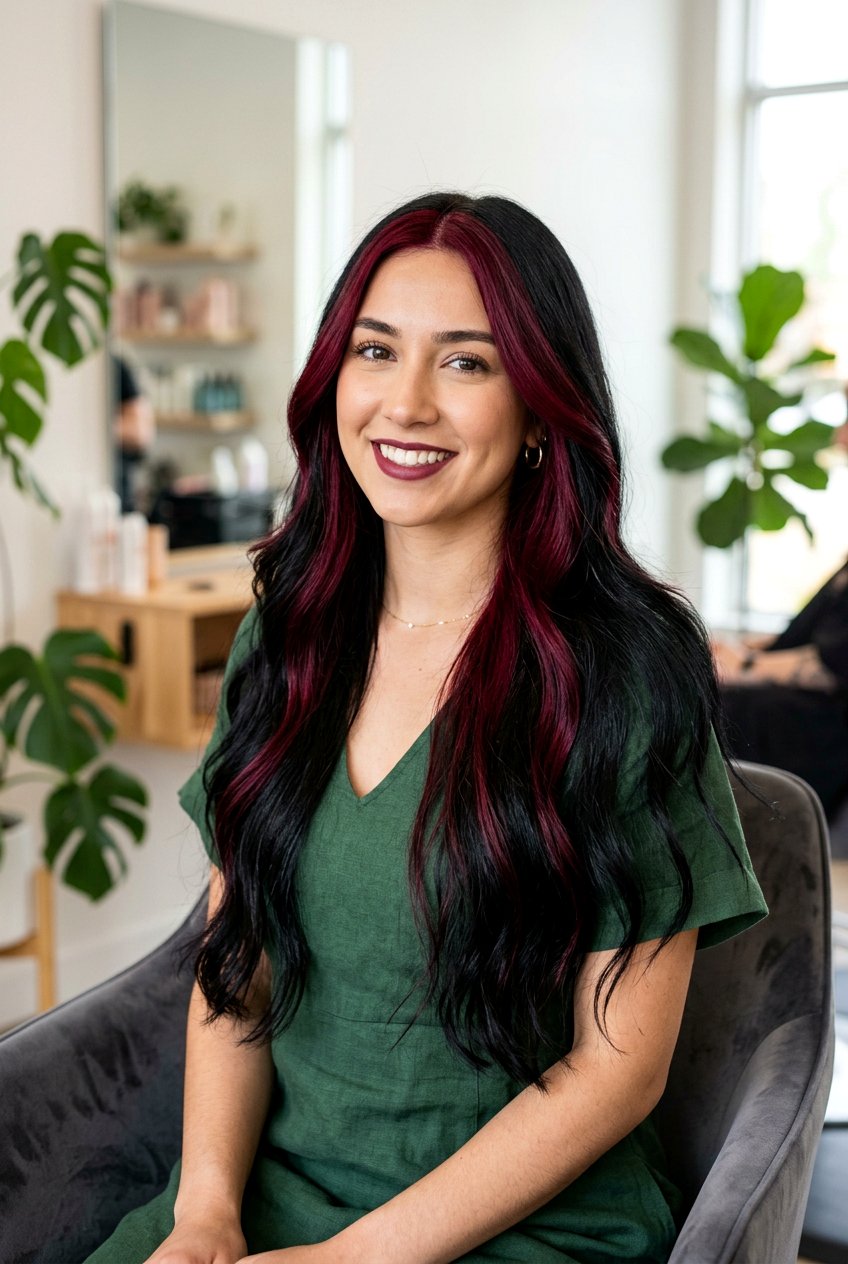 Burgundy Money Piece on Long Dark Hair - 20 burgundy money piece on dark hair - 20 burgundy money piece on dark hair