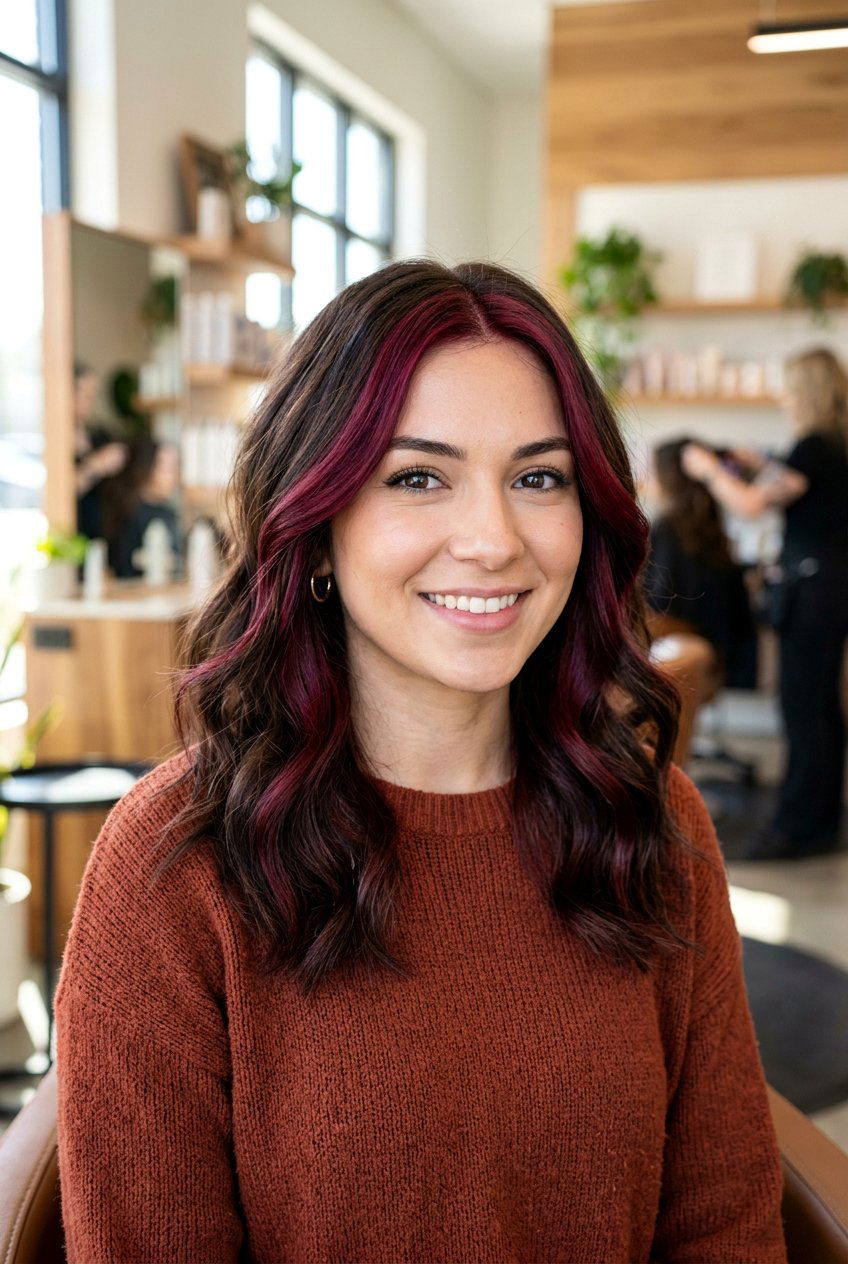 Burgundy Money Piece on Medium Dark Hair - 20 burgundy money piece on dark hair - 20 burgundy money piece on dark hair