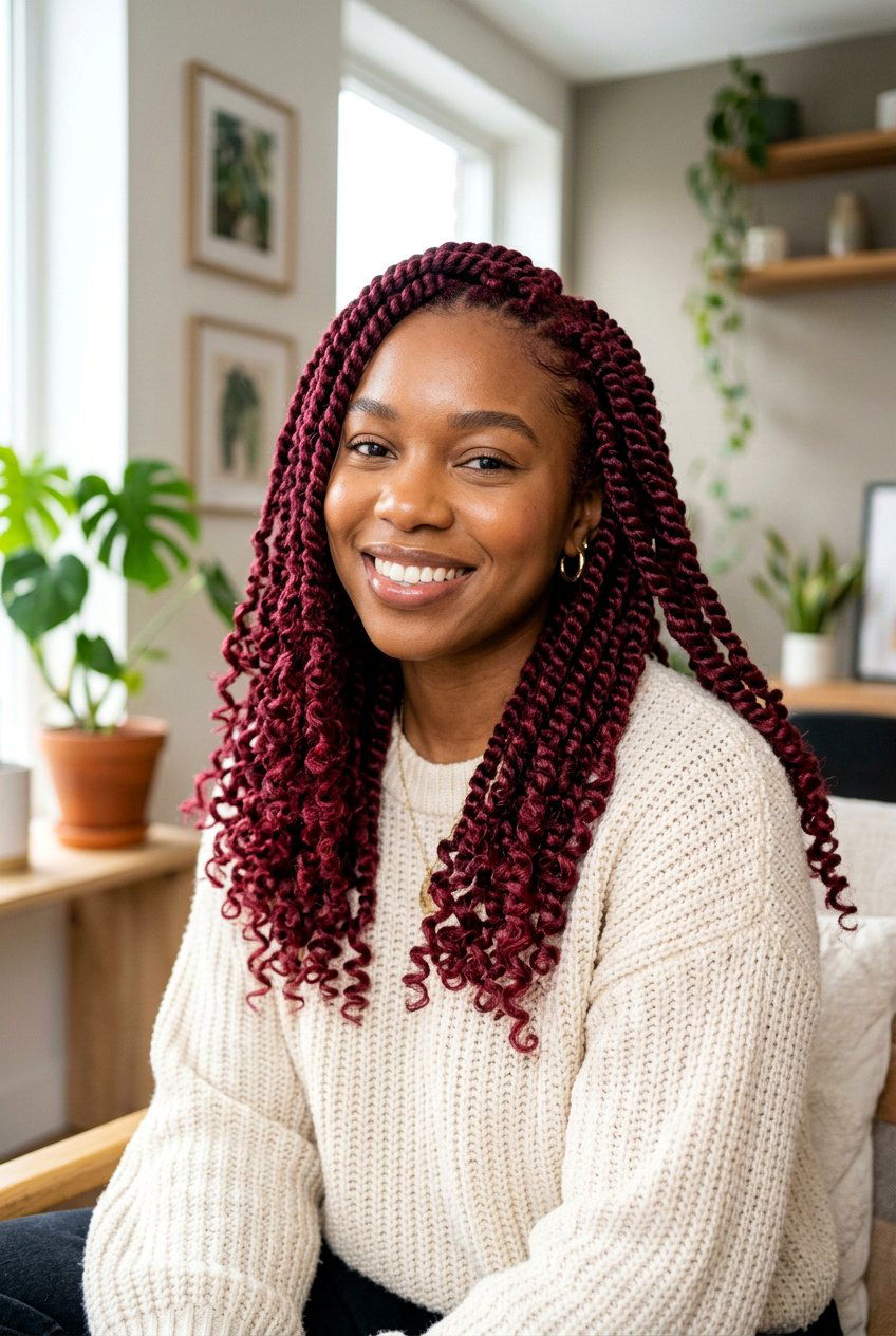 Burgundy Passion Twists With Curly Ends - 20 passion twists with curly ends - 20 passion twists with curly ends