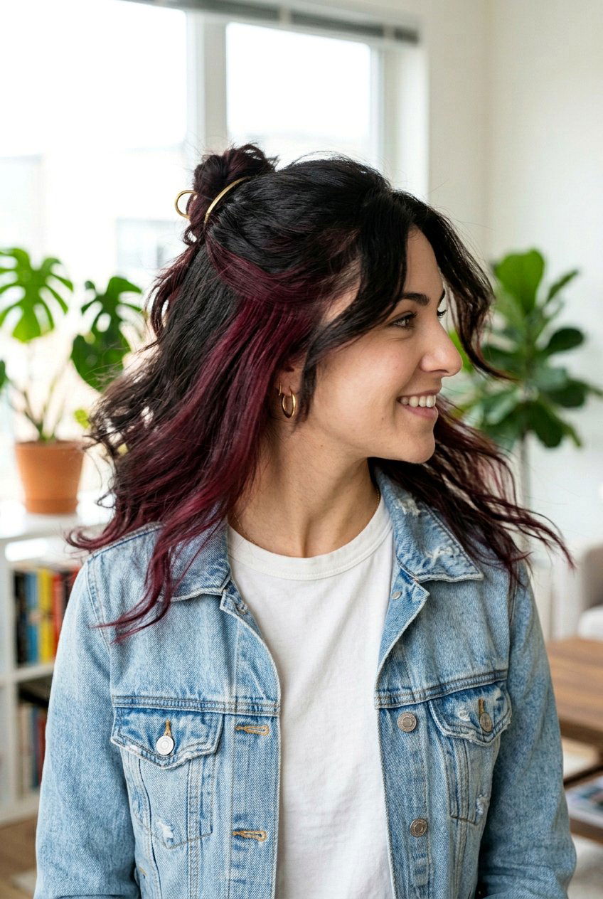 Burgundy Peekaboo Highlights on Dark Hair - 20 dark hair with burgundy highlights - 20 dark hair with burgundy highlights