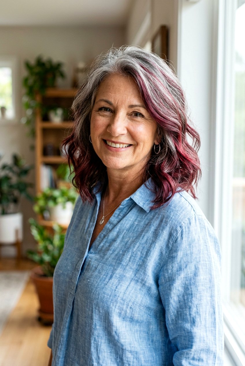 Burgundy balayage on salt and pepper hair - 20 burgundy balayage for mature women - 20 burgundy balayage for mature women