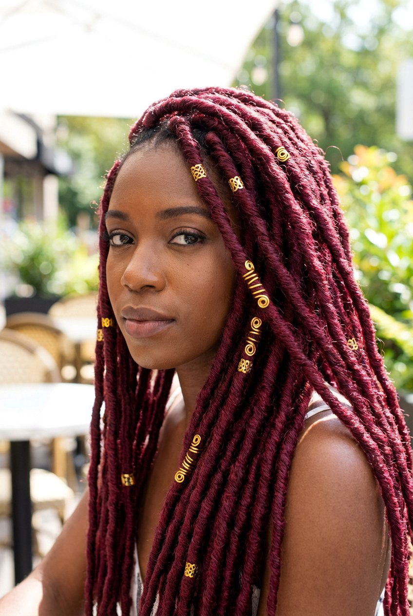 Burgundy faux locs with gold beads - 20 faux locs hairstyles - 20 faux locs hairstyles