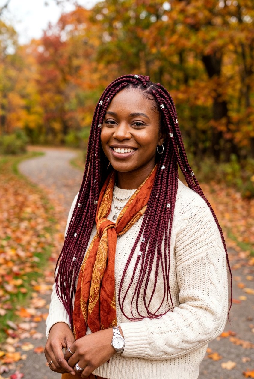 Burgundy knotless braids with silver beads - 20 waist length knotless braids with beads - 20 waist length knotless braids with beads
