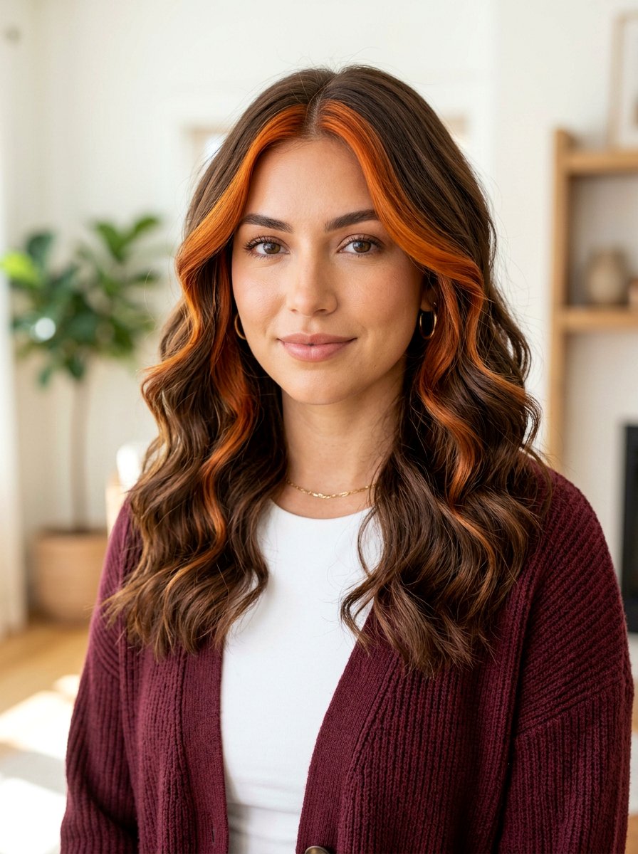 Burnished Orange Money Piece on Chocolate Brown Hair - 20 pumpkin spice money piece hair - 20 pumpkin spice money piece hair