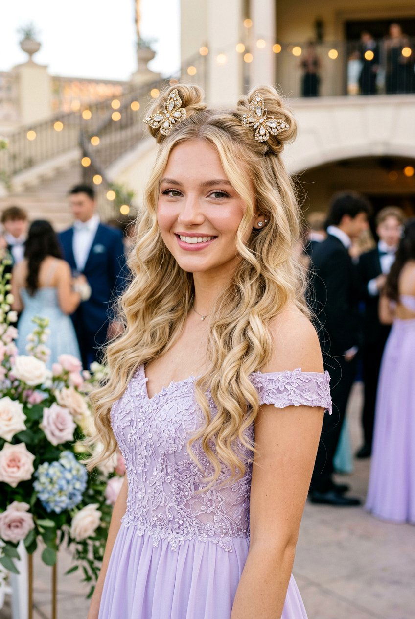 Butterfly Clip Mini Buns Prom Hairstyle - 20 prom hairstyles with butterfly clips - 20 prom hairstyles with butterfly clips