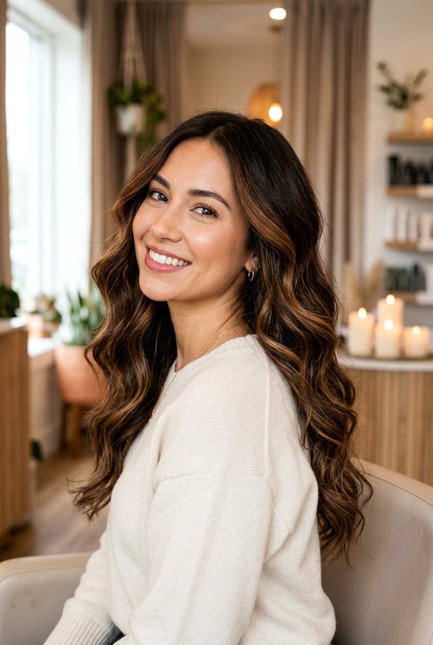 Candlelit Brunette Balayage - 20 low maintenance brunette with gray coverage - 20 low maintenance brunette with gray coverage