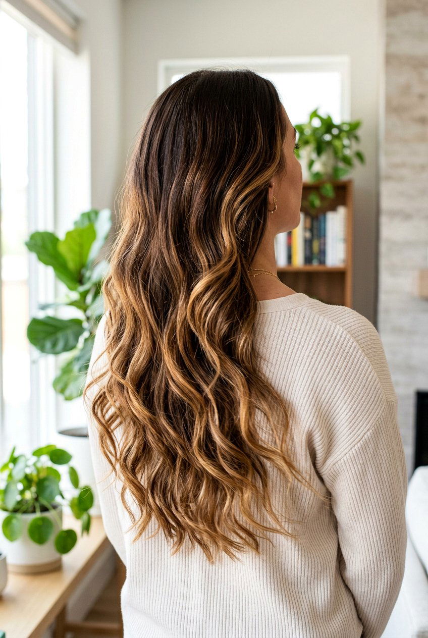 Caramel Balayage on Long Brown Wavy Hair - 20 warm caramel highlights on brown hair - 20 warm caramel highlights on brown hair