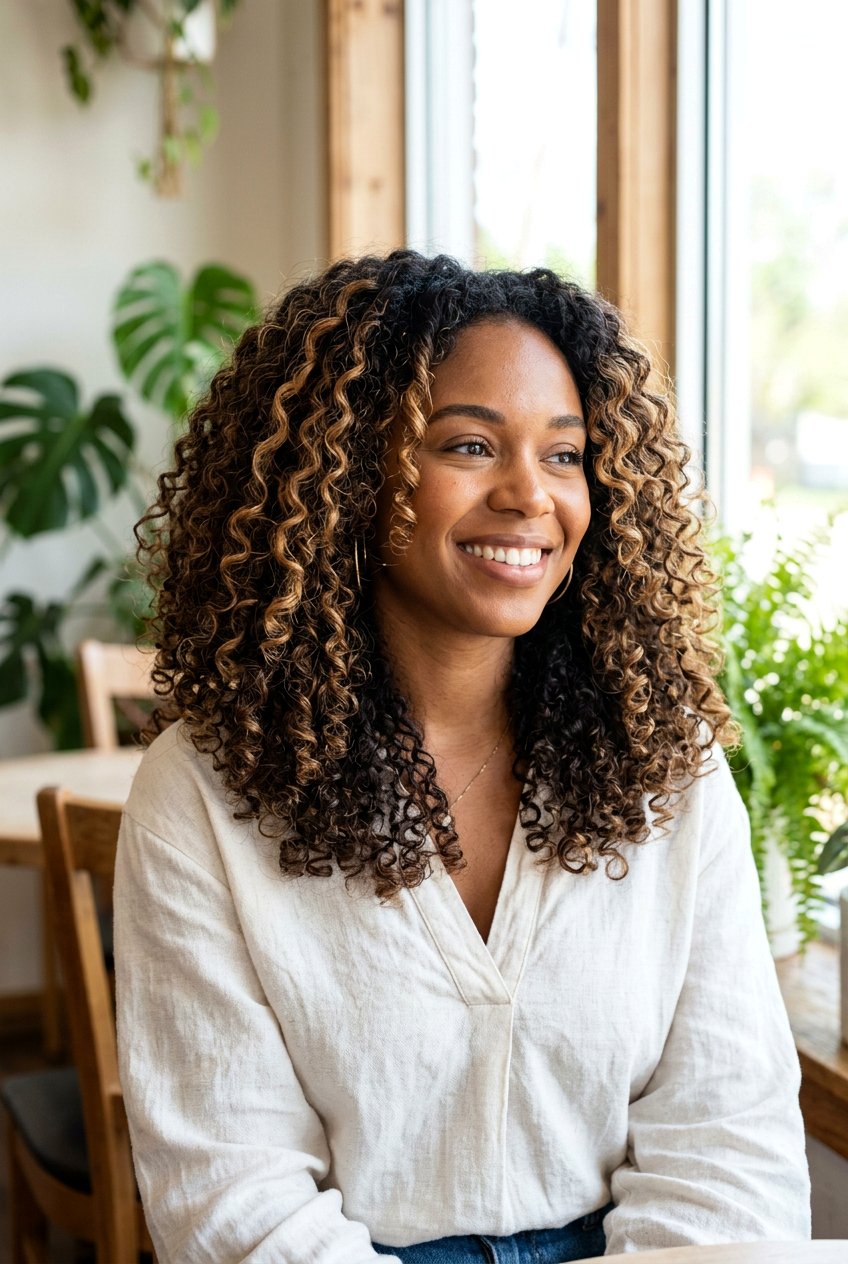 Caramel Blonde Balayage on Dark Curls - 20 blonde balayage for curly hair - 20 blonde balayage for curly hair