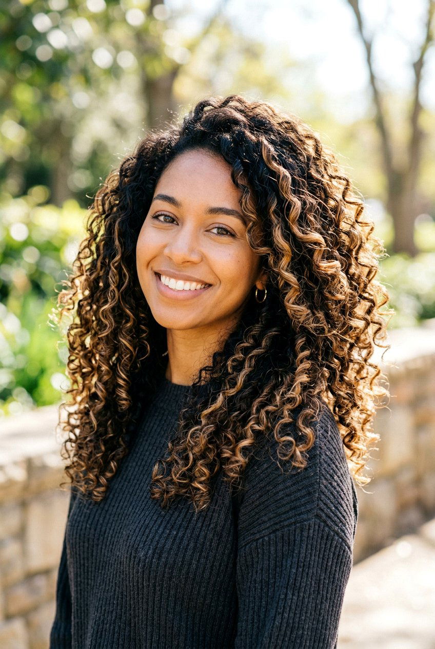 Caramel Blonde Highlights on Dark Curly Hair - 20 blonde highlights for curly hair - 20 blonde highlights for curly hair