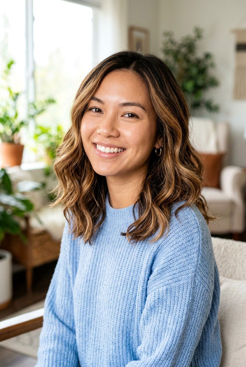 Caramel Chestnut Highlights On Wavy Lob - 20 warm chestnut highlights for mature women - 20 warm chestnut highlights for mature women