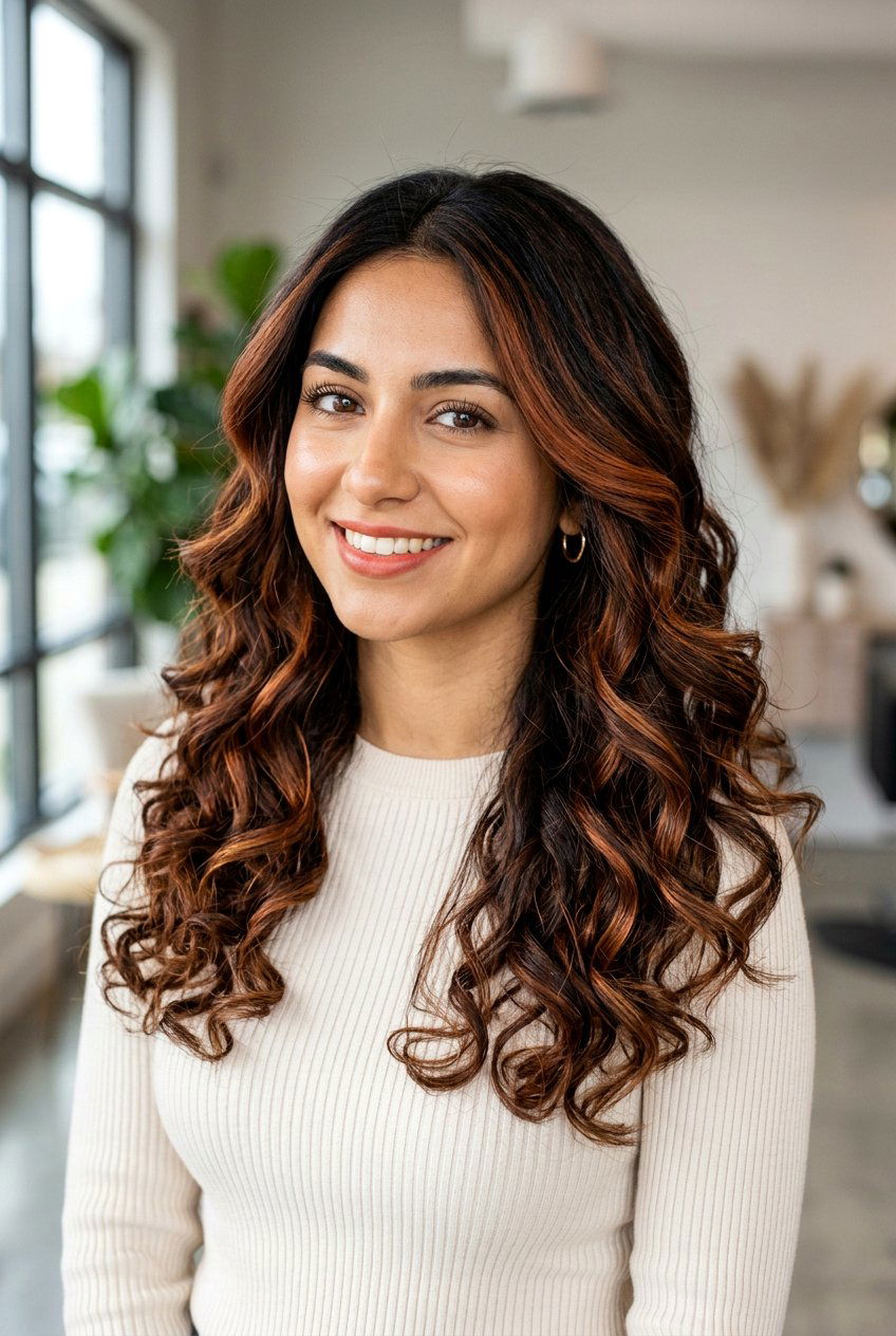 Caramel Copper Ribbon Highlights on Dark Brunette Hair - 20 brunette ribbon highlights - 20 brunette ribbon highlights