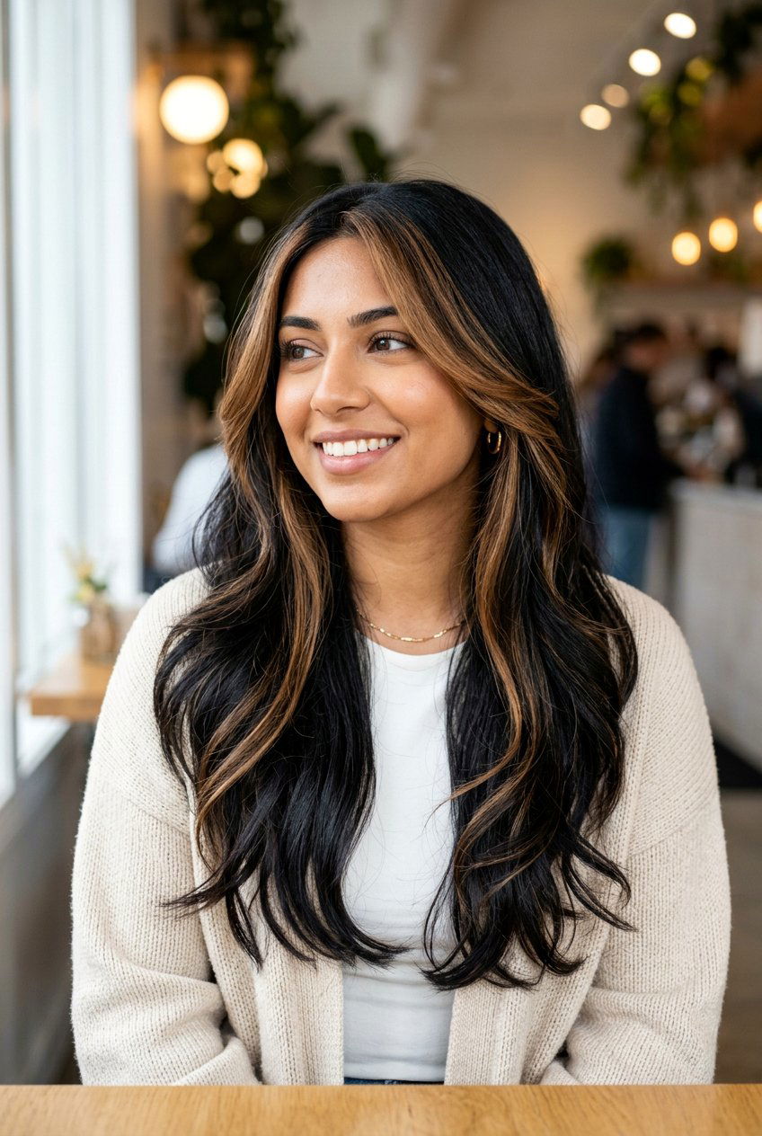 Caramel Face Framing Highlights On Long Black Hair - 20 face framing highlights for black hair - 20 face framing highlights for black hair