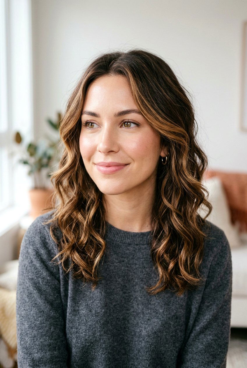 Caramel Face Framing Waves - 20 caramel face framing highlights on brunette hair - 20 caramel face framing highlights on brunette hair